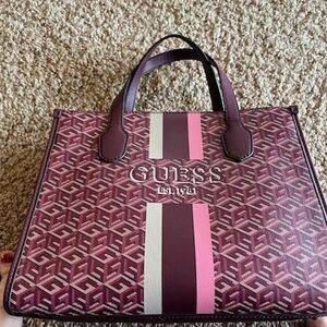 GUESS Burgundy and Pink Geometric Tote